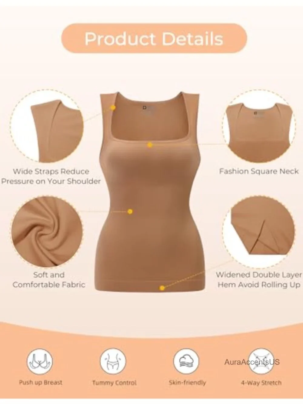 Seamless Square Neck Shapewear Camisole Tummy Control Compression Tank Top